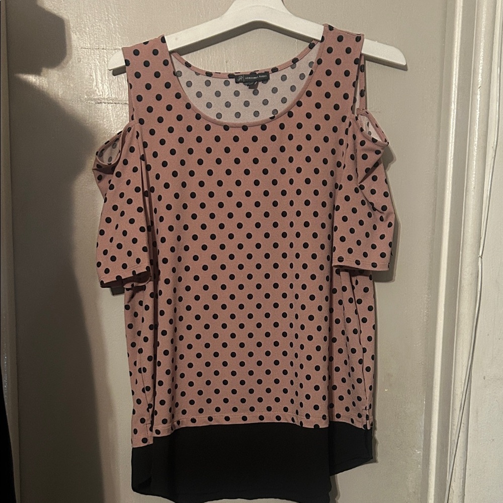 Adrianna Papell Pink Polka Dot Cold-Shoulder Blouse with Black Hem